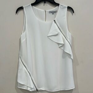 Naked Zebra White Sleeveless Ruffle Zip Accent Blouse